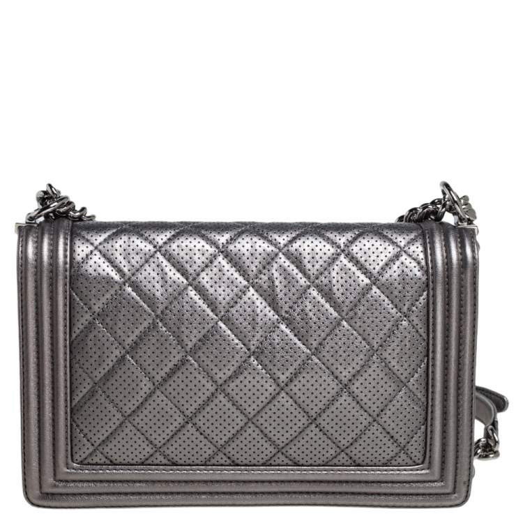Pre Owned Chanel Silver Quilted Perforated Leather New Medium Boy Flap Bag