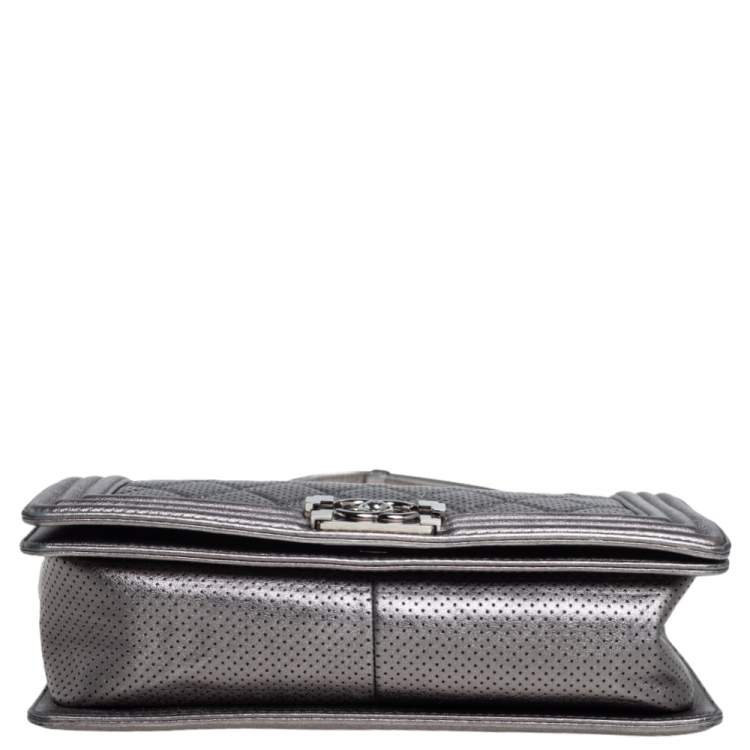 Pre Owned Chanel Silver Quilted Perforated Leather New Medium Boy Flap Bag