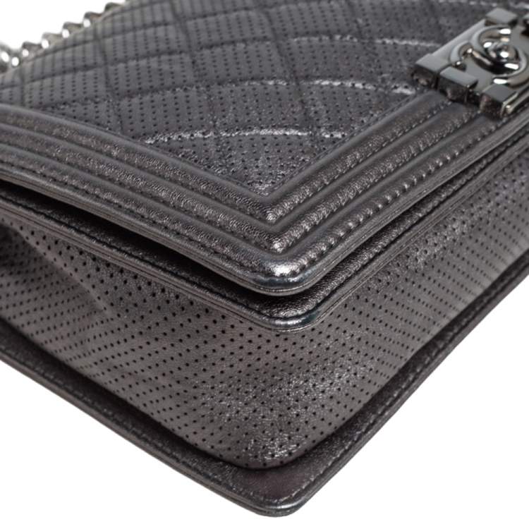Pre Owned Chanel Silver Quilted Perforated Leather New Medium Boy Flap Bag
