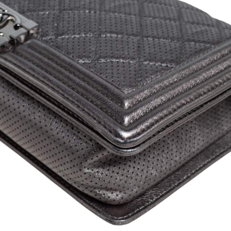 Pre Owned Chanel Silver Quilted Perforated Leather New Medium Boy Flap Bag