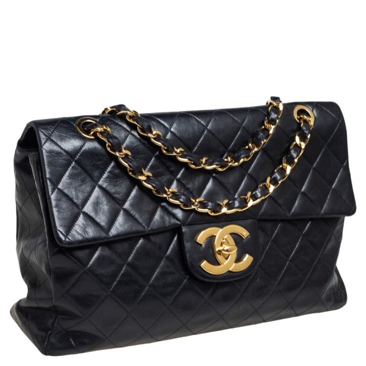 Pre Owned Chanel Black Quilted Leather Maxi Vintage Classic Single Flap Bag