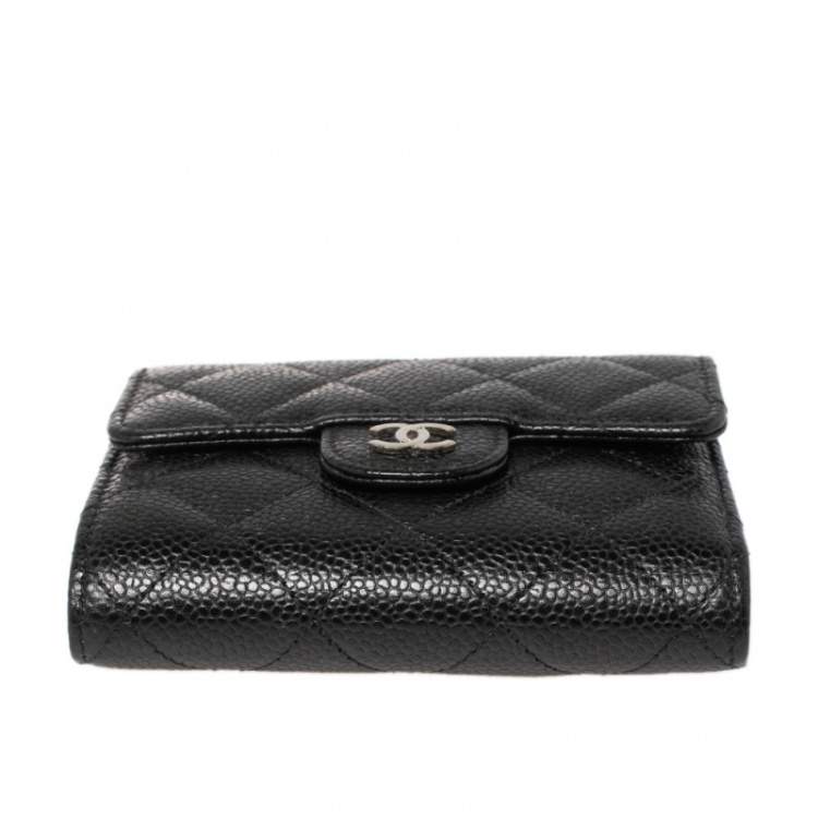 Pre Owned Chanel Black Quilted Caviar Leather Classic Trifold Flap Wallet
