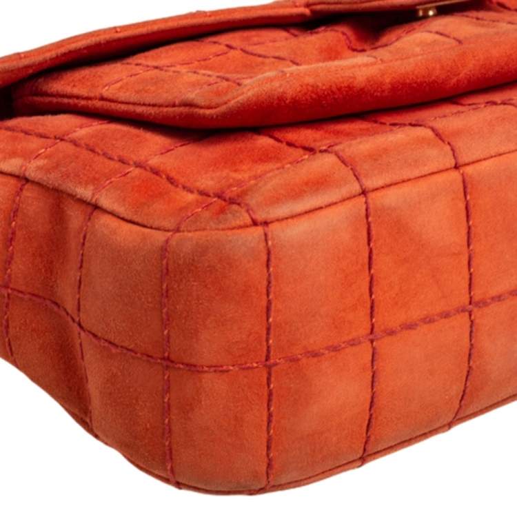 Pre Owned Chanel Orange Stitch Square Quilted Suede Single Flap Bag