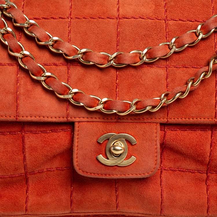 Pre Owned Chanel Orange Stitch Square Quilted Suede Single Flap Bag