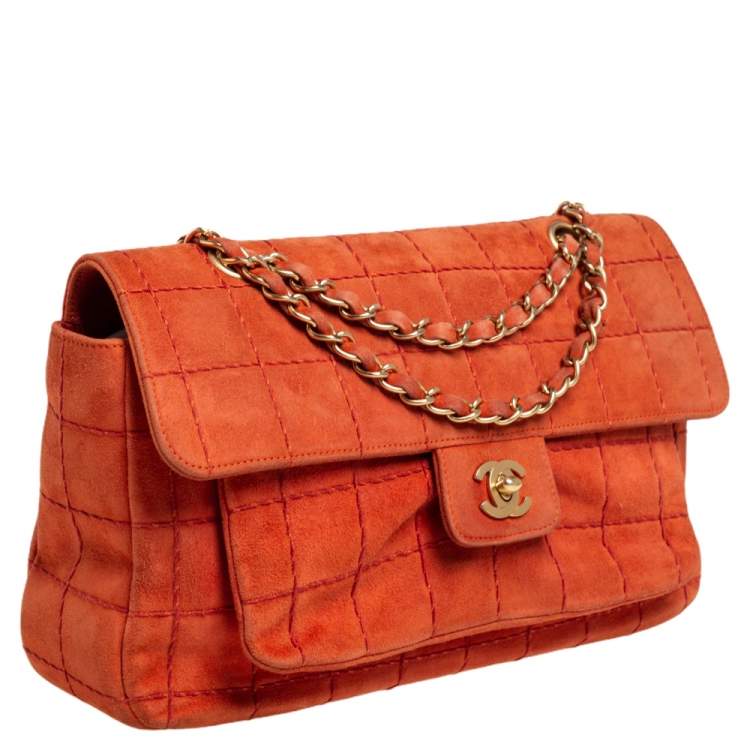 Pre Owned Chanel Orange Stitch Square Quilted Suede Single Flap Bag