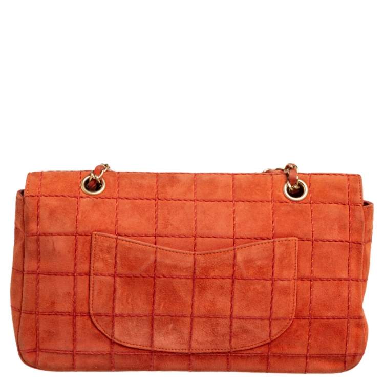 Pre Owned Chanel Orange Stitch Square Quilted Suede Single Flap Bag