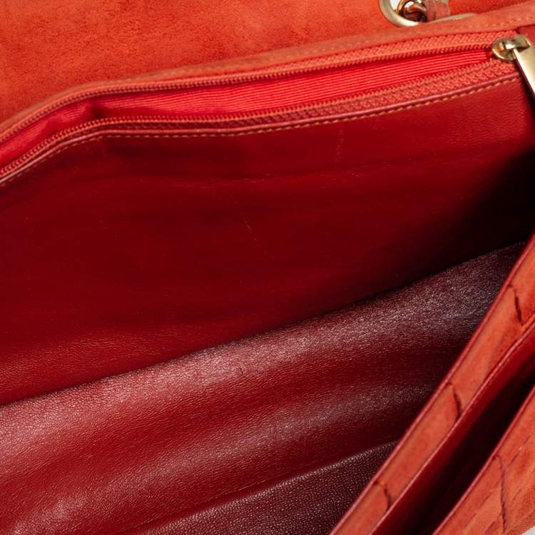 Pre Owned Chanel Orange Stitch Square Quilted Suede Single Flap Bag