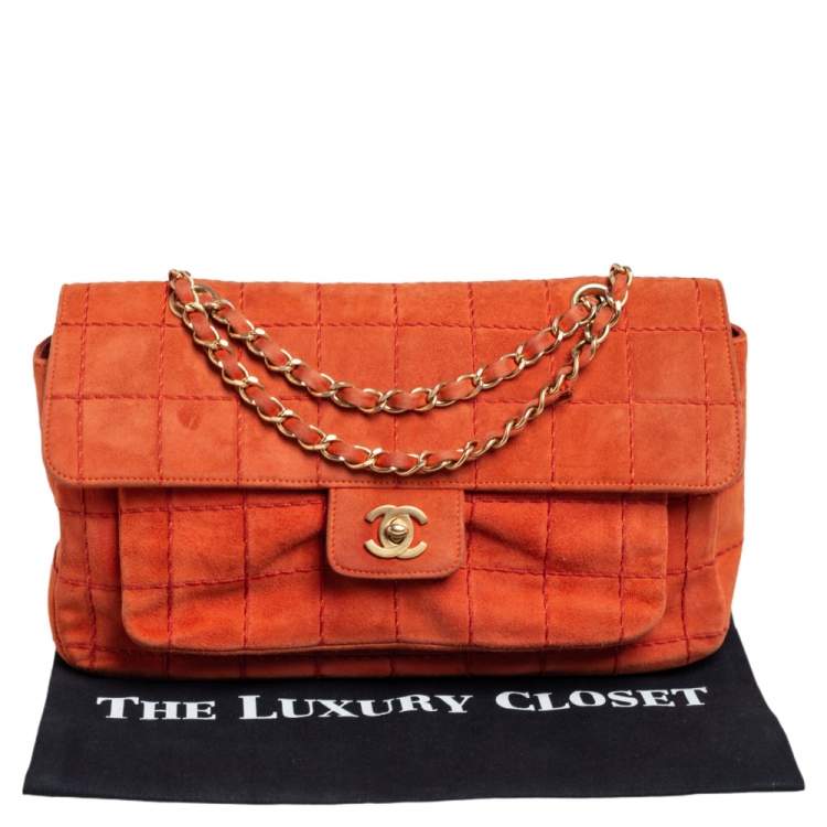 Pre Owned Chanel Orange Stitch Square Quilted Suede Single Flap Bag