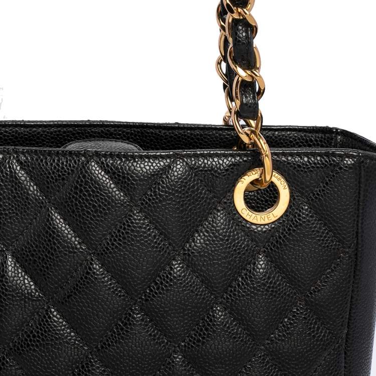 Pre Owned Chanel Black Quilted Caviar Leather Petite Shopper Tote