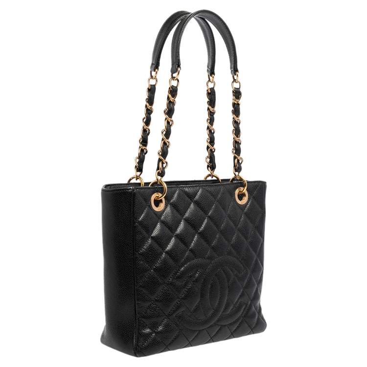 Pre Owned Chanel Black Quilted Caviar Leather Petite Shopper Tote