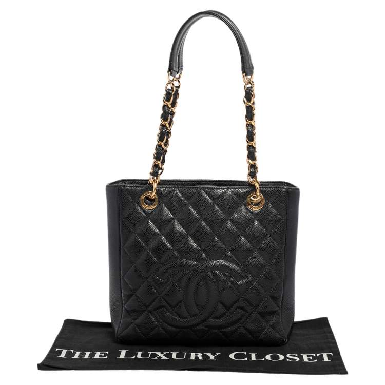 Pre Owned Chanel Black Quilted Caviar Leather Petite Shopper Tote
