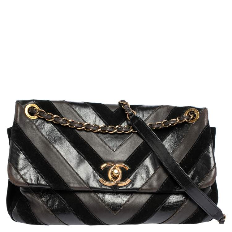 Chanel Black/Brown Leather and Suede Jumbo Surpique Flap Bag