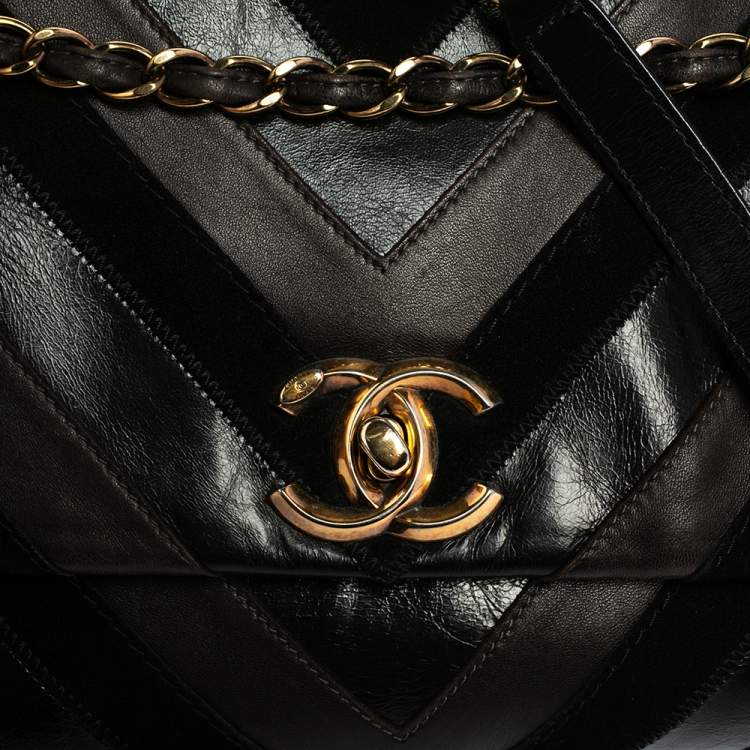 Chanel Black/Brown Leather and Suede Jumbo Surpique Flap Bag