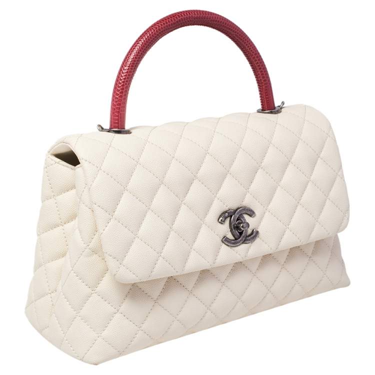 Chanel White Red Quilted Caviar Leather And Lizard Small Coco Top Handle Bag Chanel Tlc