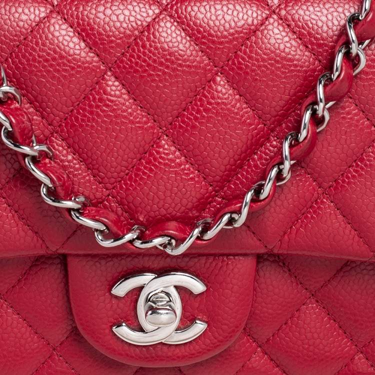 Pre Owned Chanel Red Quilted Leather Mini Square Classic Flap Bag