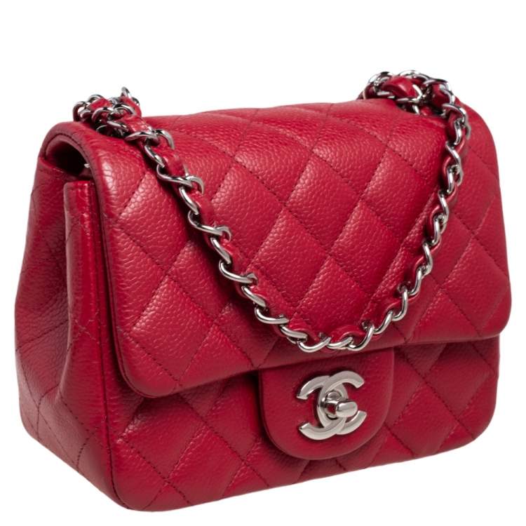 Pre Owned Chanel Red Quilted Leather Mini Square Classic Flap Bag