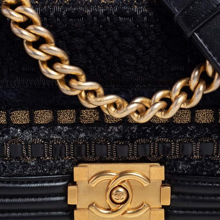 Pre Owned Chanel Black Leather and Tweed Mini Boy Bag