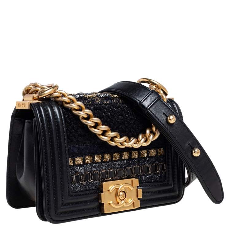 Pre Owned Chanel Black Leather and Tweed Mini Boy Bag