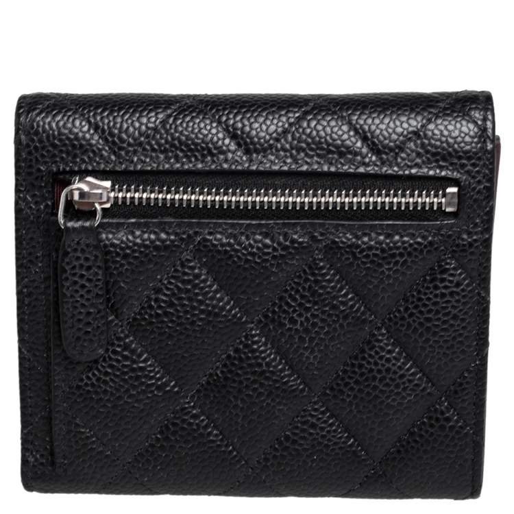 Pre Owned Chanel Black Quilted Caviar Leather Classic Trifold Flap Wallet