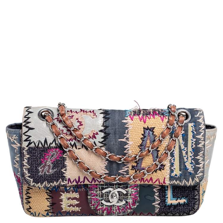 Chanel Multicolor Patchwork Raffia Classic Medium Flap Bag