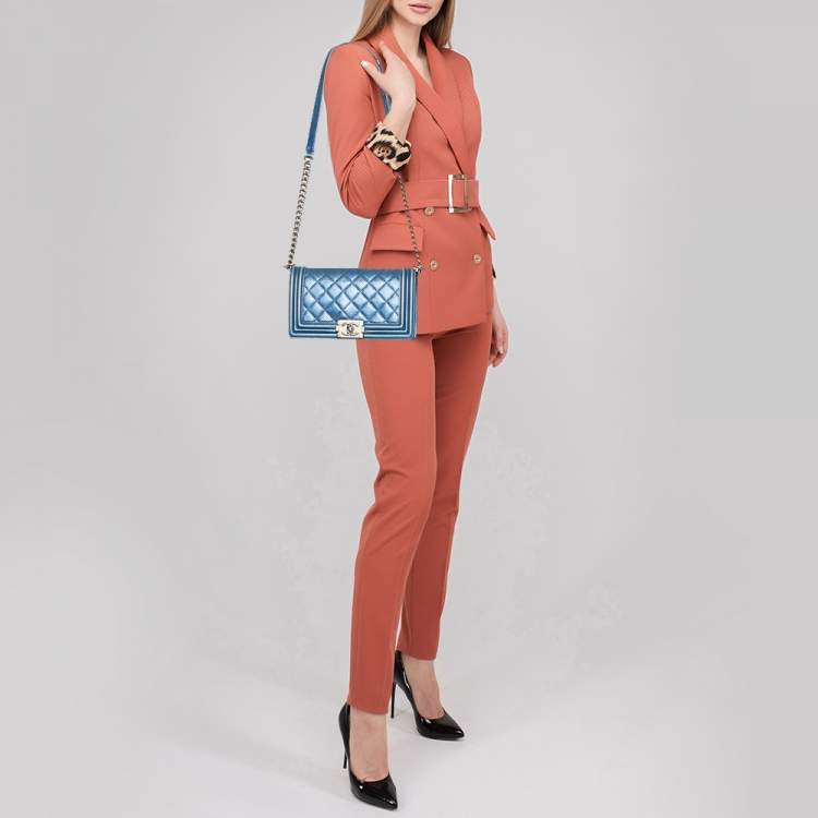 Pre Owned Chanel Blue Perforated Quilted Leather Medium Boy Flap Bag