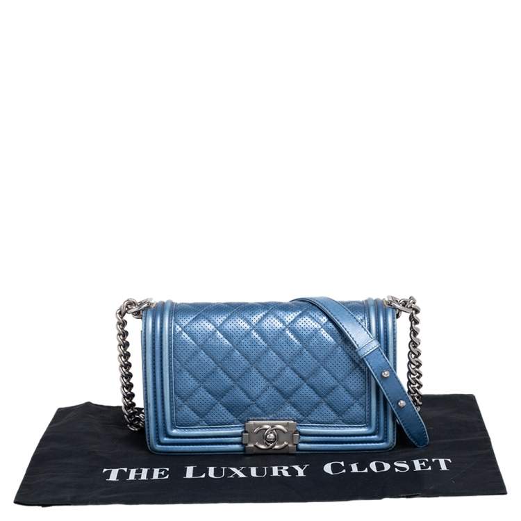 Pre Owned Chanel Blue Perforated Quilted Leather Medium Boy Flap Bag