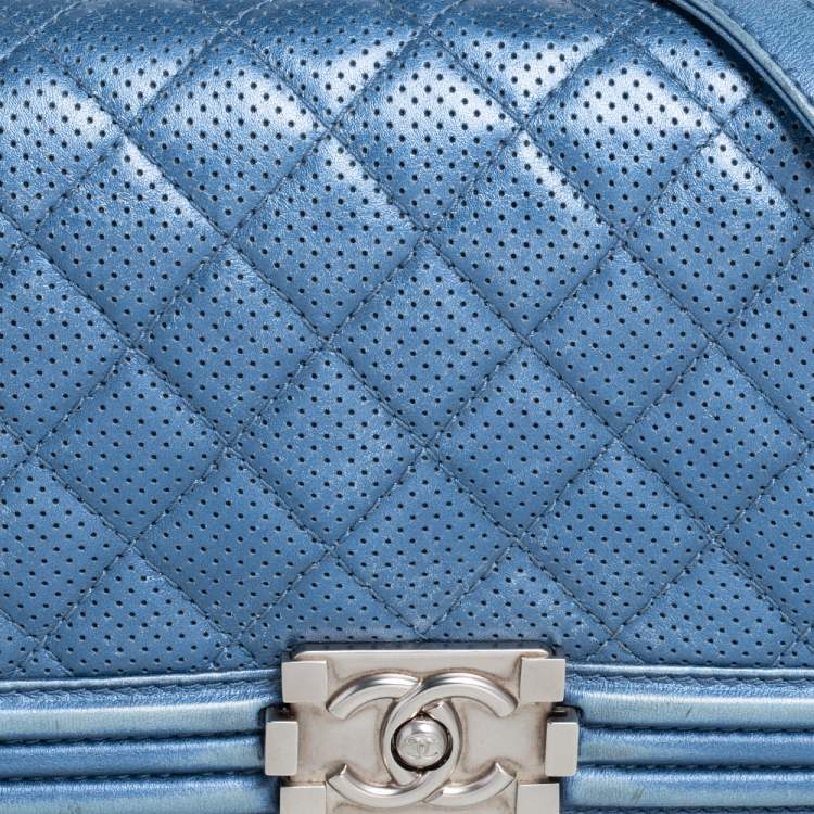 Pre Owned Chanel Blue Perforated Quilted Leather Medium Boy Flap Bag