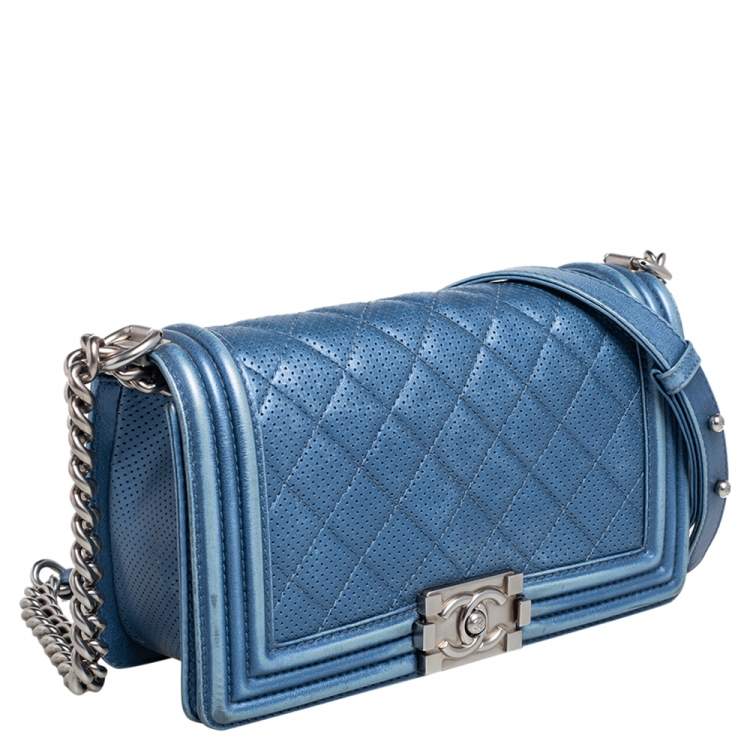 Pre Owned Chanel Blue Perforated Quilted Leather Medium Boy Flap Bag
