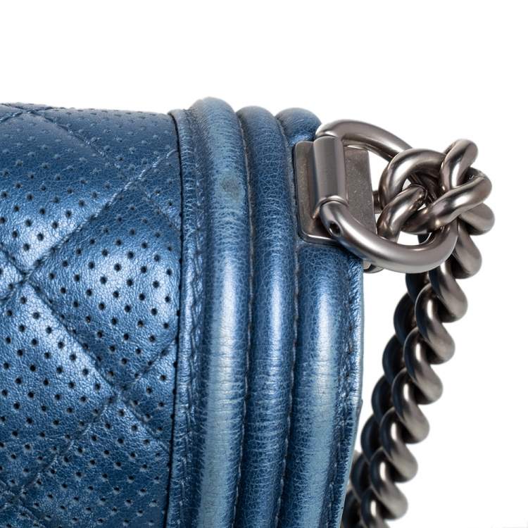 Pre Owned Chanel Blue Perforated Quilted Leather Medium Boy Flap Bag