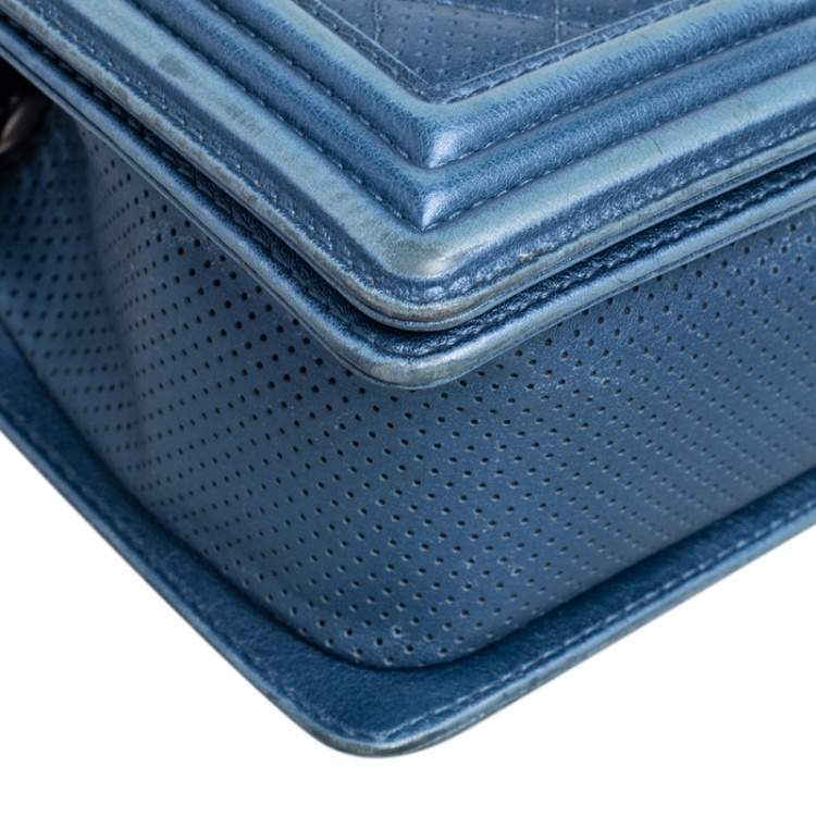 Pre Owned Chanel Blue Perforated Quilted Leather Medium Boy Flap Bag