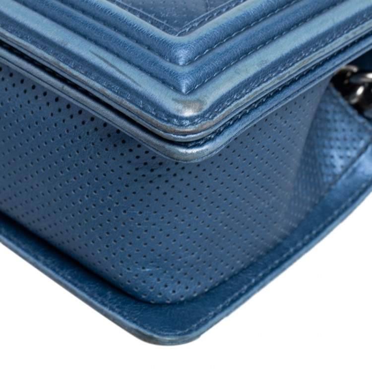Pre Owned Chanel Blue Perforated Quilted Leather Medium Boy Flap Bag