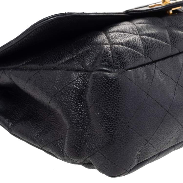 Pre Owned Chanel Black Quilted Caviar Leather Jumbo Classic Single Flap Bag