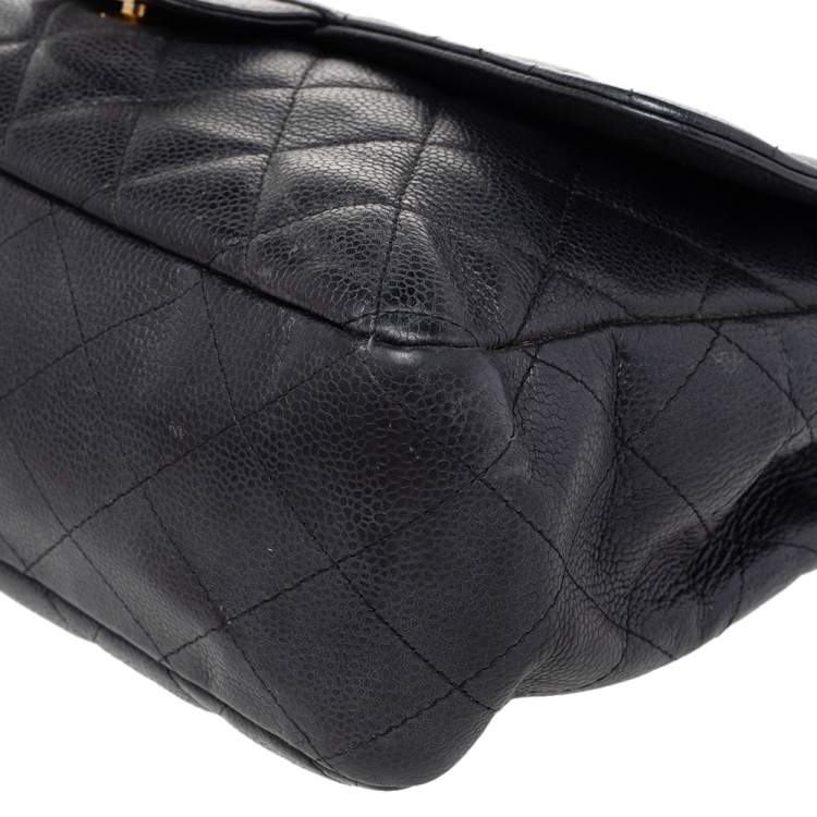 Pre Owned Chanel Black Quilted Caviar Leather Jumbo Classic Single Flap Bag