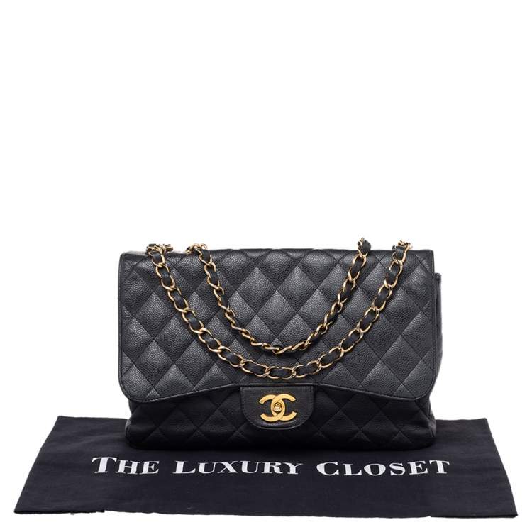 Pre Owned Chanel Black Quilted Caviar Leather Jumbo Classic Single Flap Bag