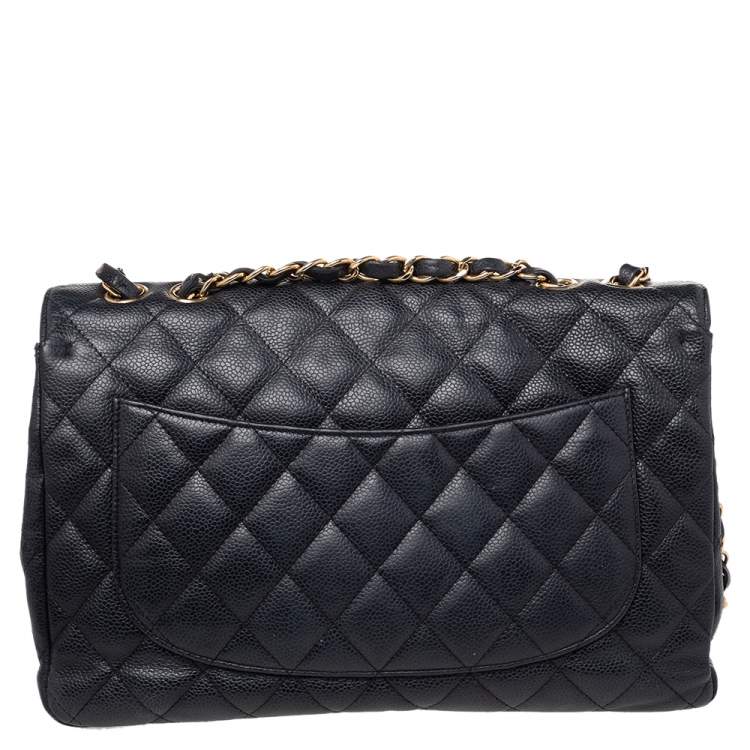 Pre Owned Chanel Black Quilted Caviar Leather Jumbo Classic Single Flap Bag