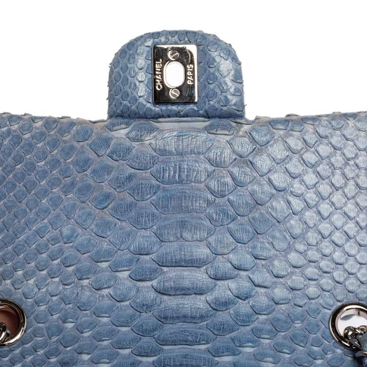 Pre Owned Chanel Blue Python New Mini Classic Single Flap Bag