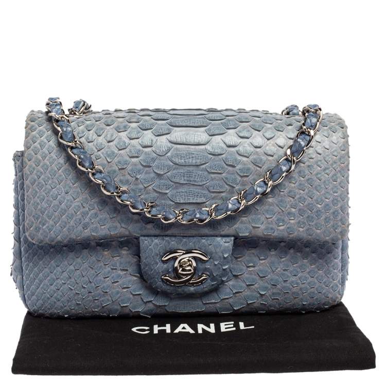 Pre Owned Chanel Blue Python New Mini Classic Single Flap Bag