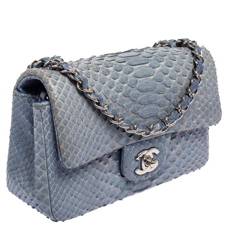 Pre Owned Chanel Blue Python New Mini Classic Single Flap Bag