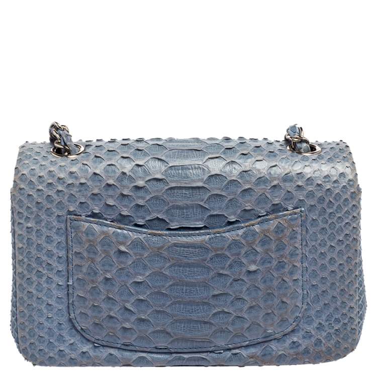 Pre Owned Chanel Blue Python New Mini Classic Single Flap Bag