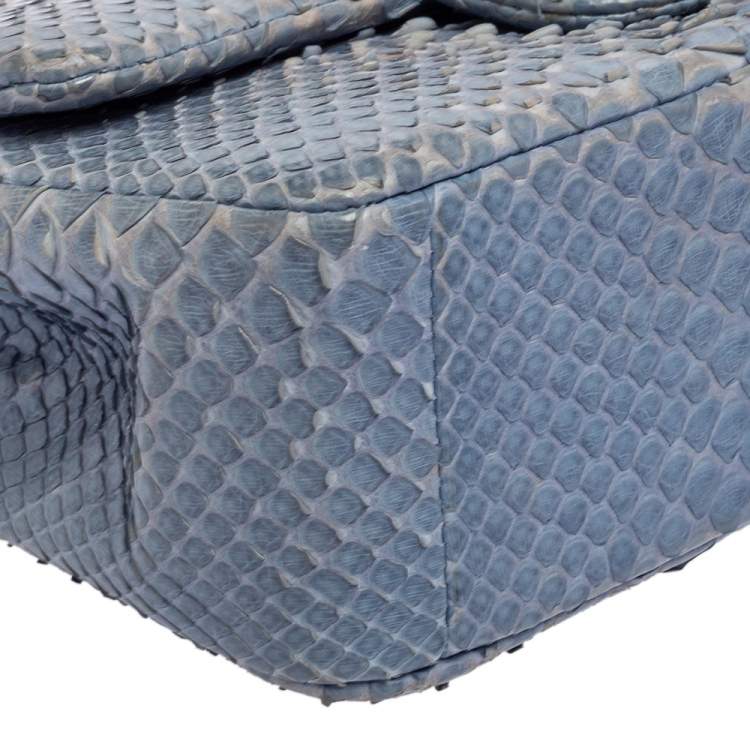 Pre Owned Chanel Blue Python New Mini Classic Single Flap Bag
