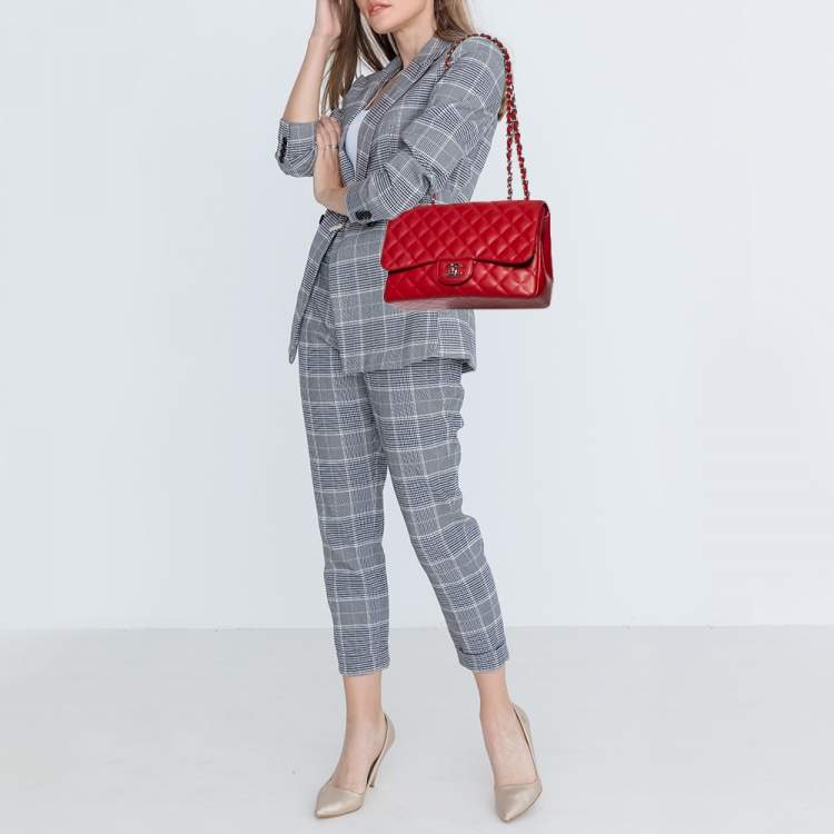 Pre Owned Chanel Red Quilted Caviar Leather Jumbo Classic Single Flap Bag