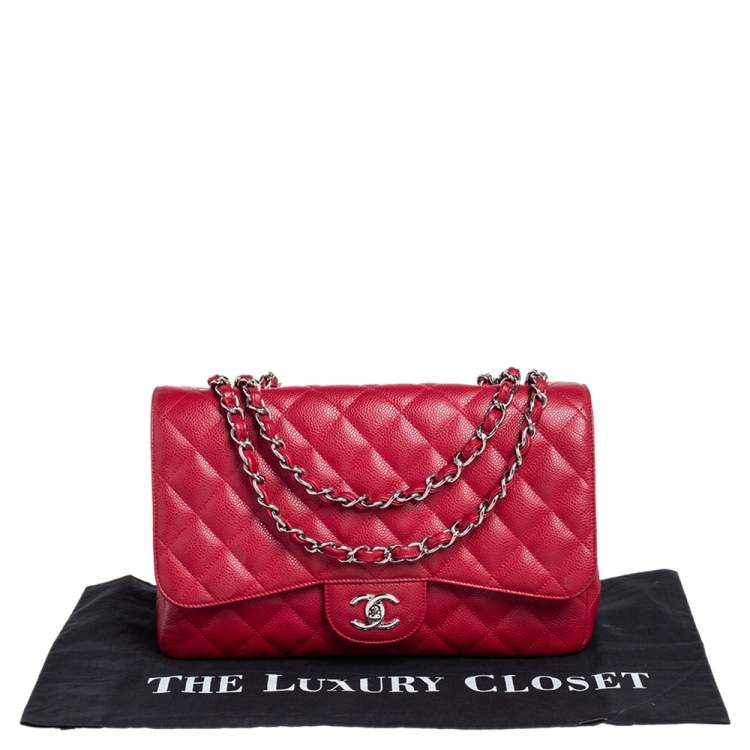 Pre Owned Chanel Red Quilted Caviar Leather Jumbo Classic Single Flap Bag