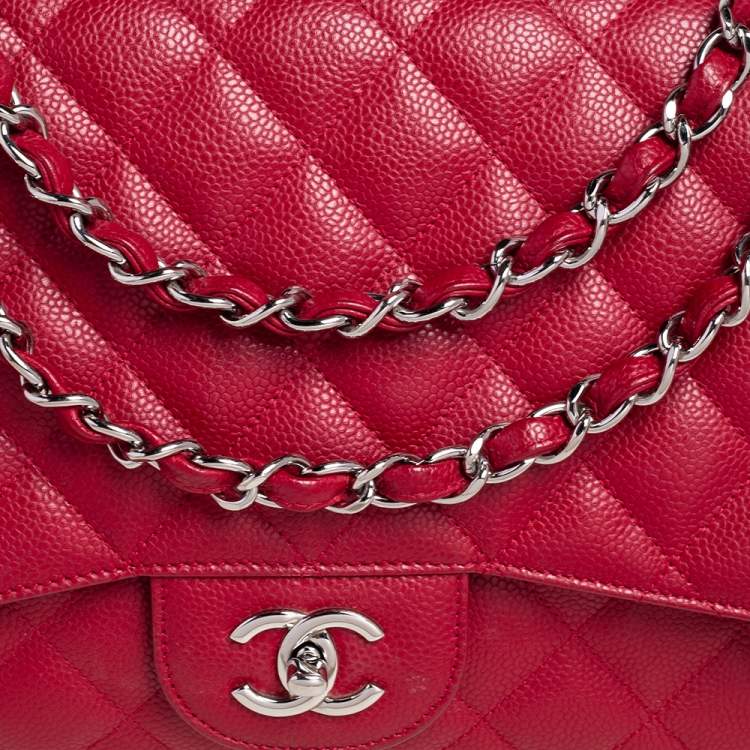 Pre Owned Chanel Red Quilted Caviar Leather Jumbo Classic Single Flap Bag
