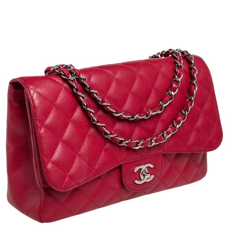 Pre Owned Chanel Red Quilted Caviar Leather Jumbo Classic Single Flap Bag
