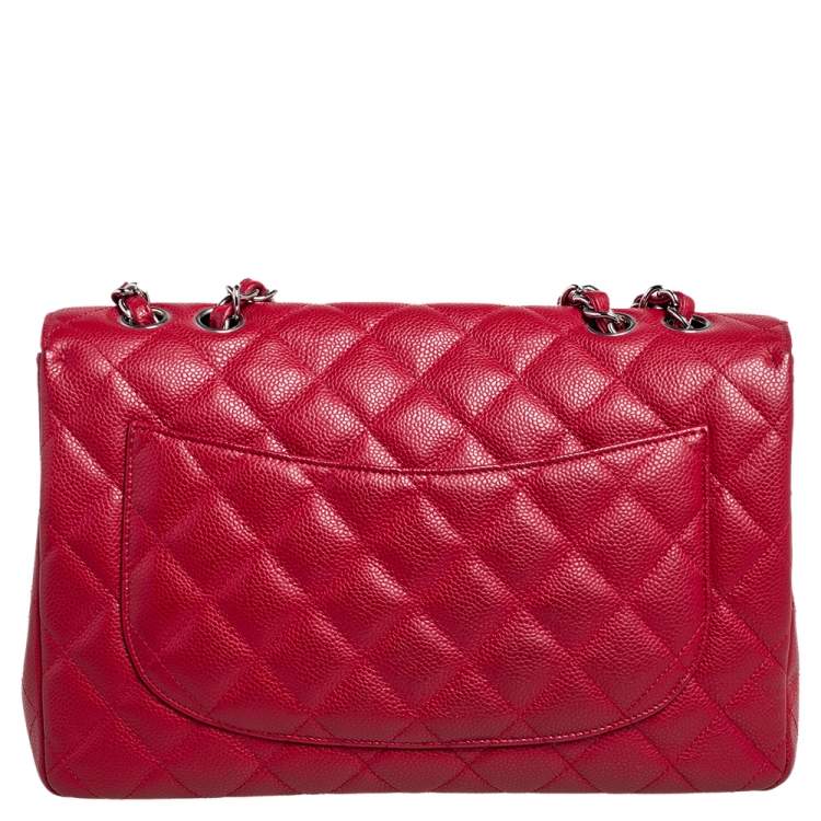 Pre Owned Chanel Red Quilted Caviar Leather Jumbo Classic Single Flap Bag