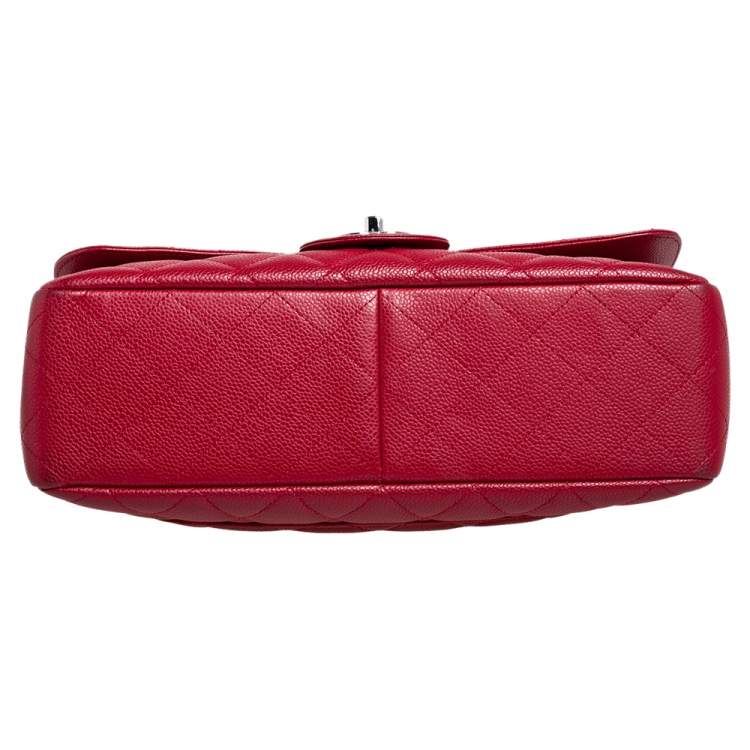 Pre Owned Chanel Red Quilted Caviar Leather Jumbo Classic Single Flap Bag