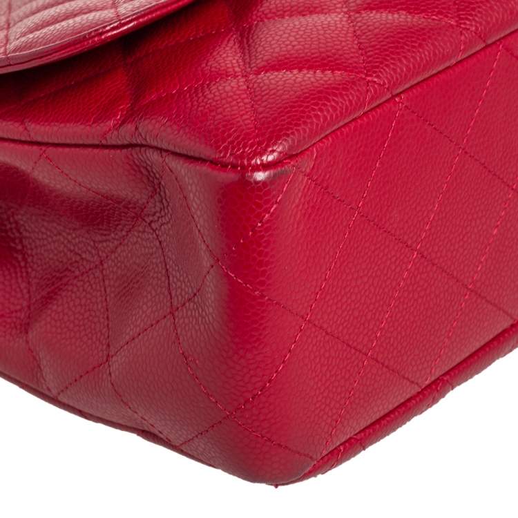 Pre Owned Chanel Red Quilted Caviar Leather Jumbo Classic Single Flap Bag