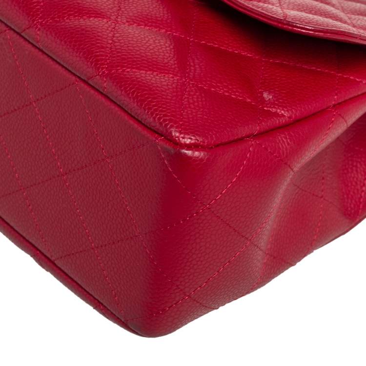 Pre Owned Chanel Red Quilted Caviar Leather Jumbo Classic Single Flap Bag