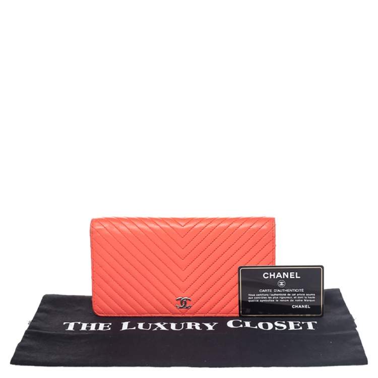 Pre Owned Chanel Orange Chevron Quilted Leather CC Long Wallet