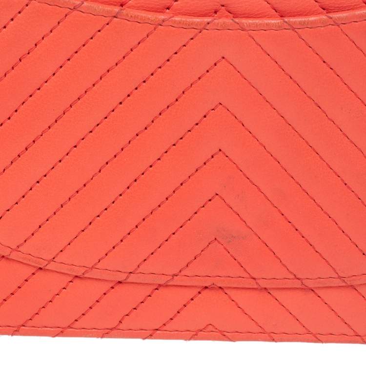 Pre Owned Chanel Orange Chevron Quilted Leather CC Long Wallet